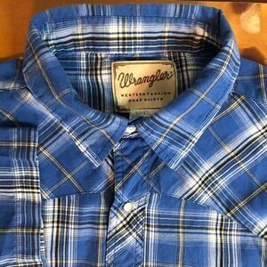 Wrangler Men's 3XL Vintage 90's Snap Button Blue Yellow White Short Sleeve Shirt